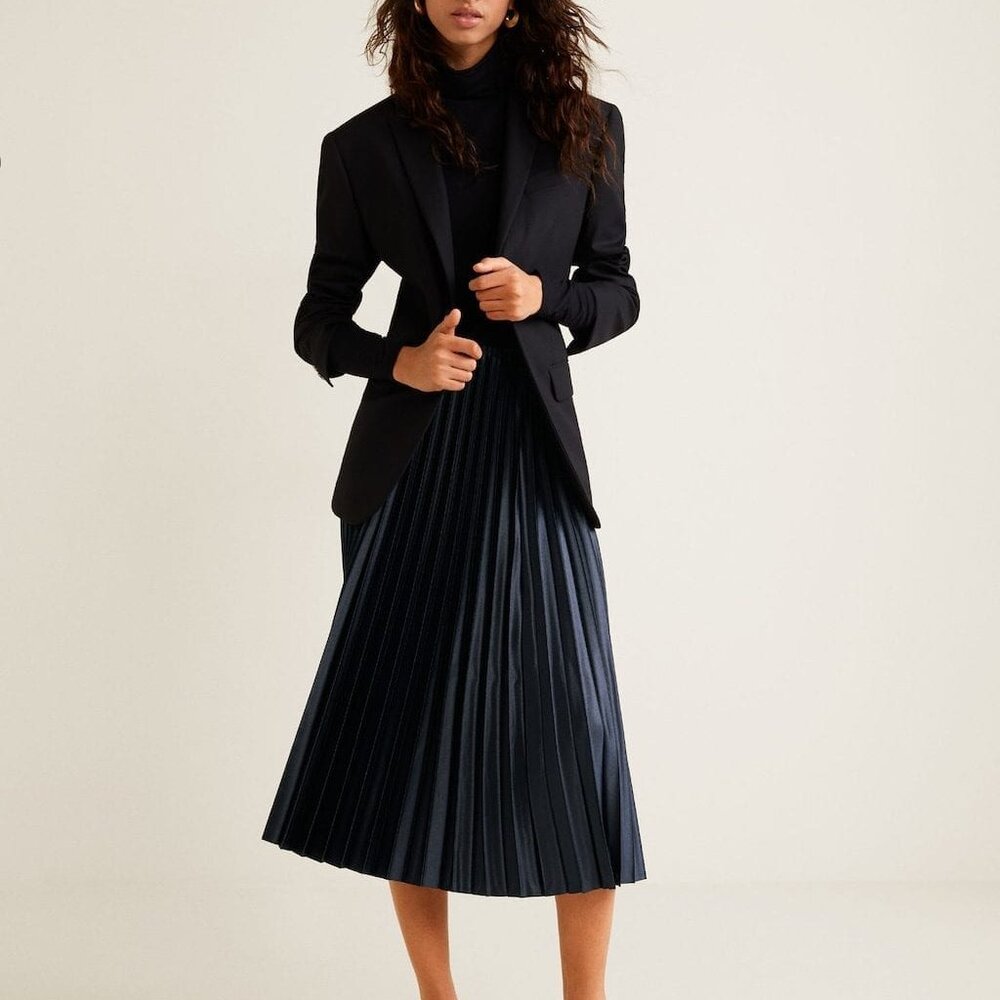 Mango Navy Pleated Knife Metallic Midi Skirt